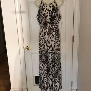 Sandra Darren size 12 Ivory & black Leopard print maxi dress high front slit NWT